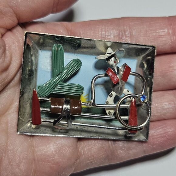 Vintage Hand Made Shadow Box Panorama Western Cowboy Painted Enamel Brooch 3D